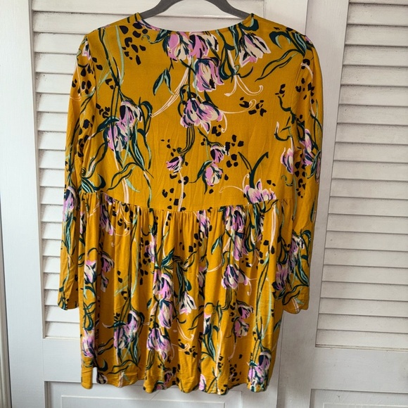 Free People Bella Floral Babydoll Top Mustard Multicolor XS Boho Blouse Tunic - Picture 5 of 6